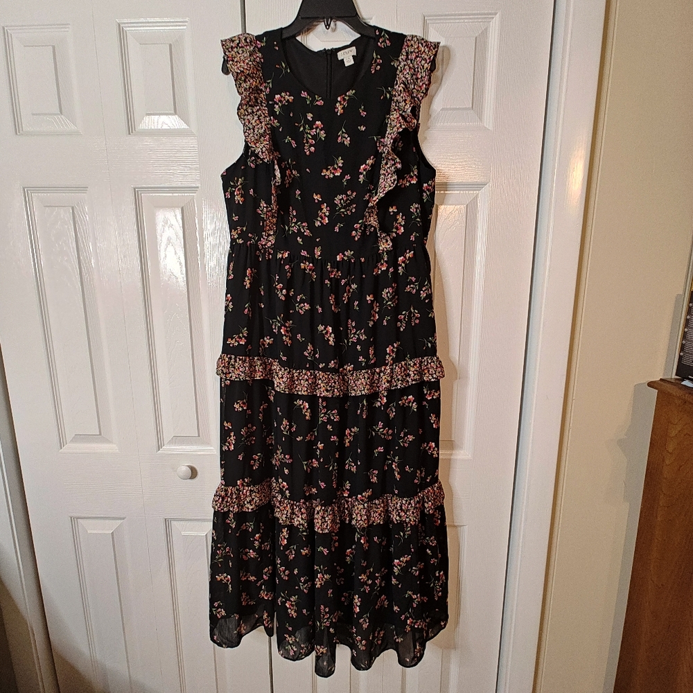 J. Crew Womens Black Floral Sleeveless Ruffle Midi Dress Sz 14 Like New!